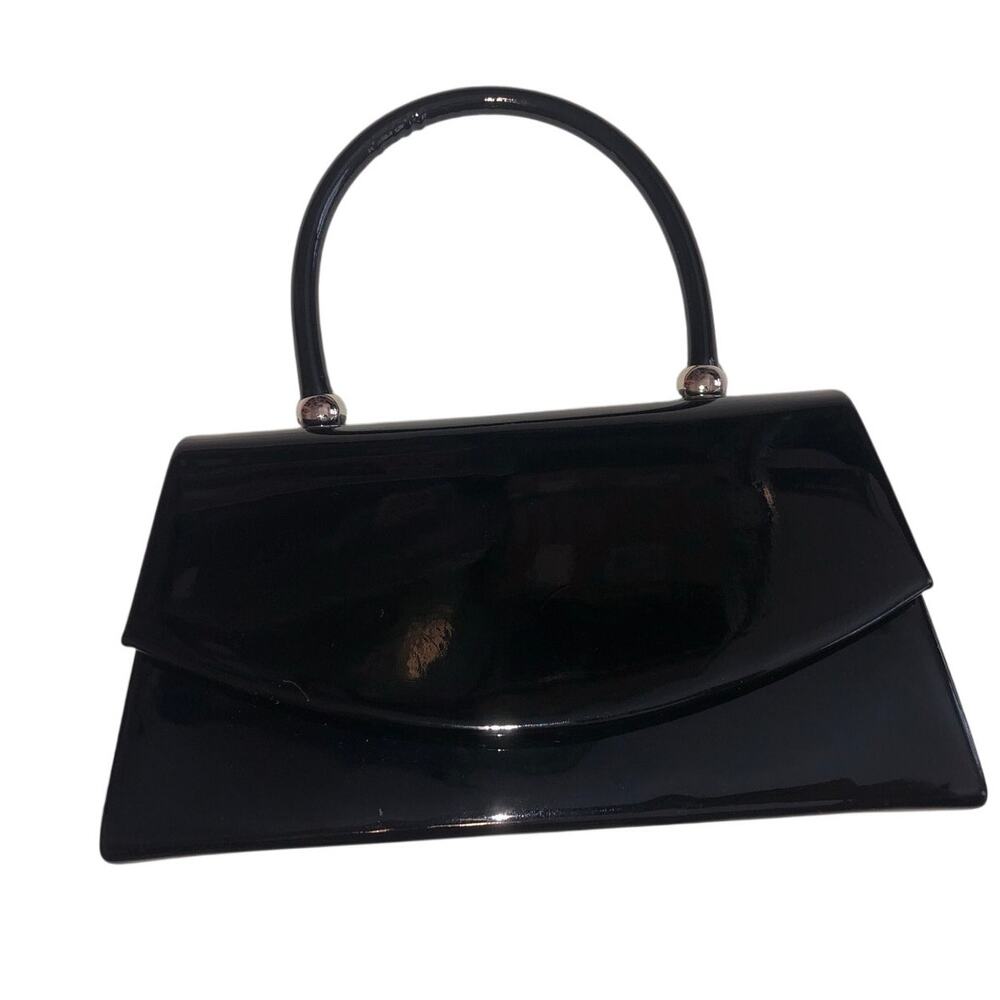 Black Patent Evening Bag Top Handle Chain Shoulder Strop Vegan Going Out Glam